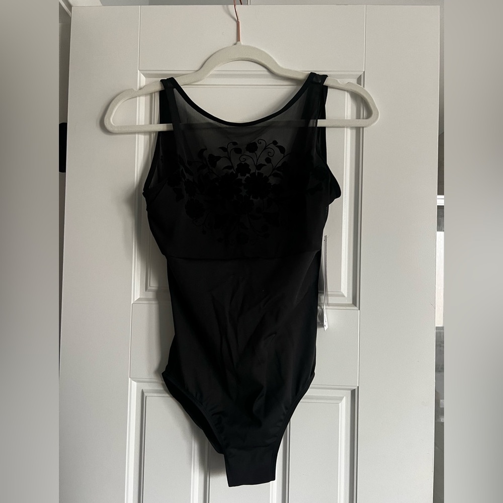 Danz n Motion Black Leotard Women’s Medium - Floral sheer overlay NWT